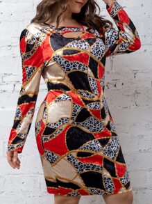 大碼豹紋和鏈條印花鏤空不對稱領絲絨連衣裙 - 彩色 - 查看 1