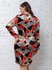 大碼豹紋和鏈條印花鏤空不對稱領絲絨連衣裙 - 彩色 - 查看 2