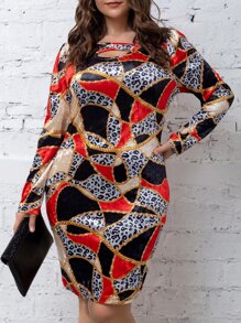 大碼豹紋和鏈條印花鏤空不對稱領絲絨連衣裙 - 彩色 - 查看 3