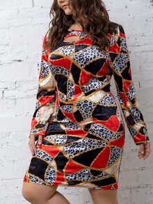 大碼豹紋和鏈條印花鏤空不對稱領絲絨連衣裙 - 彩色 - 查看 4