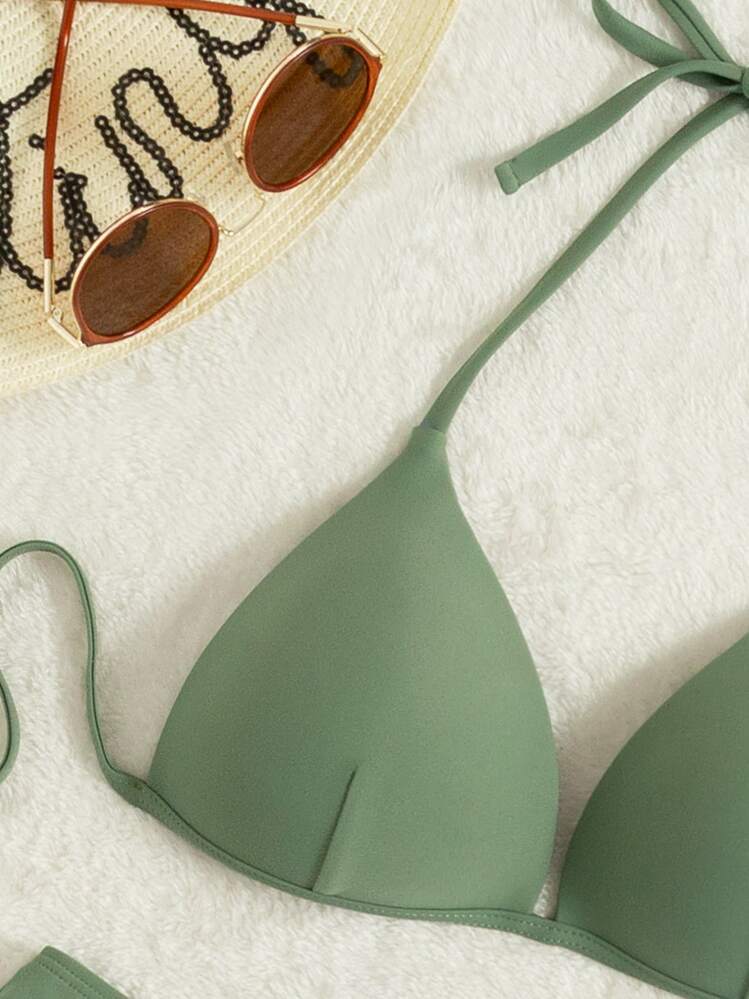 Swim Basics Bikini de empuje de detalle de costura con tirantes de cuello para playa de verano - Verde militar - Añade 4