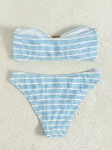 Striped Textured Bandeau Bikini - Blue and White - View 2