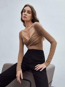 MOTF 纯色心形领交叉裹胸褶皱修身紧身衣