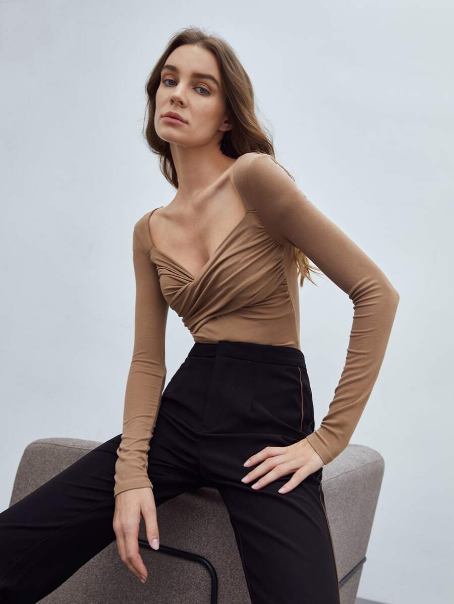 MOTF 纯色心形领交叉裹胸褶皱修身紧身衣