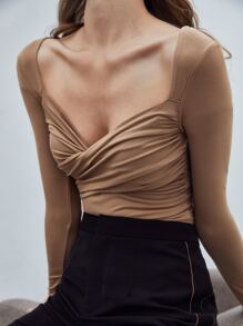 MOTF 纯色心形领交叉裹胸褶皱修身紧身衣