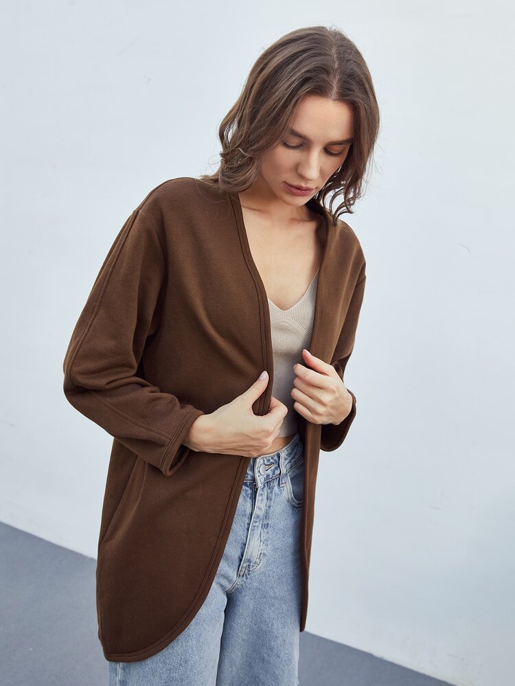 SHEIN Unity Open Front Coat - Chocolate Brown - View 5