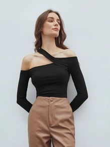 MOTF PREMIUM RECYCLED POLYESTER ASYMMETRICAL NECK TOP - Black - View 1