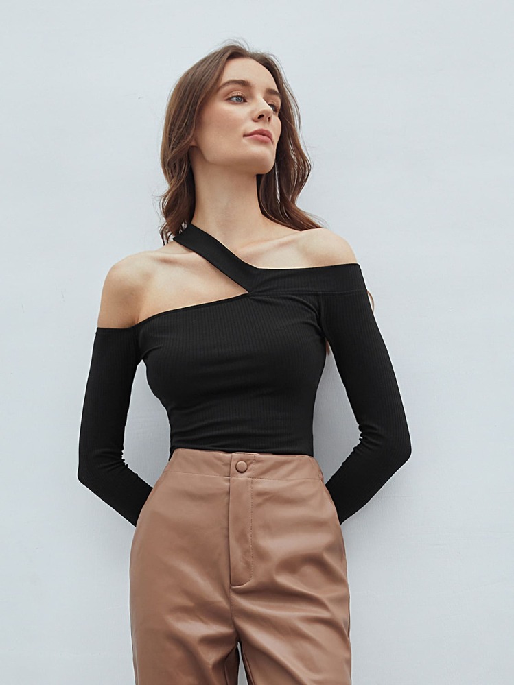 MOTF PREMIUM RECYCLED POLYESTER ASYMMETRICAL NECK TOP - Black - View 1