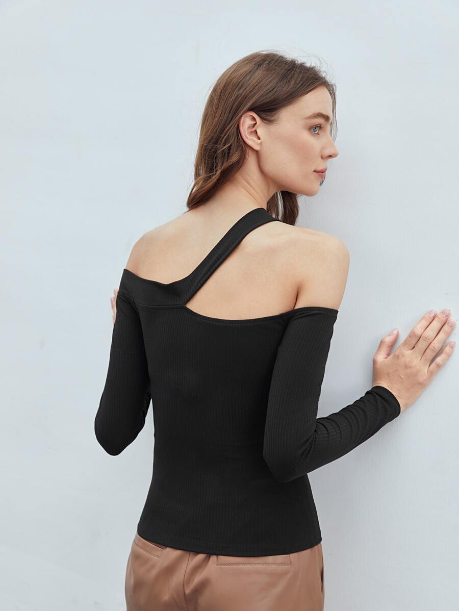 MOTF PREMIUM RECYCLED POLYESTER ASYMMETRICAL NECK TOP - Black - View 2