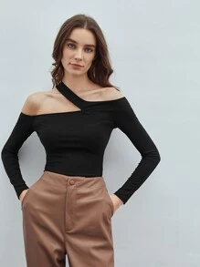 MOTF PREMIUM RECYCLED POLYESTER ASYMMETRICAL NECK TOP - Black - View 4