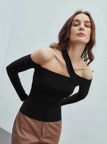 MOTF PREMIUM RECYCLED POLYESTER ASYMMETRICAL NECK TOP - Black - View 5