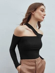 MOTF PREMIUM RECYCLED POLYESTER ASYMMETRICAL NECK TOP - Black - View 9