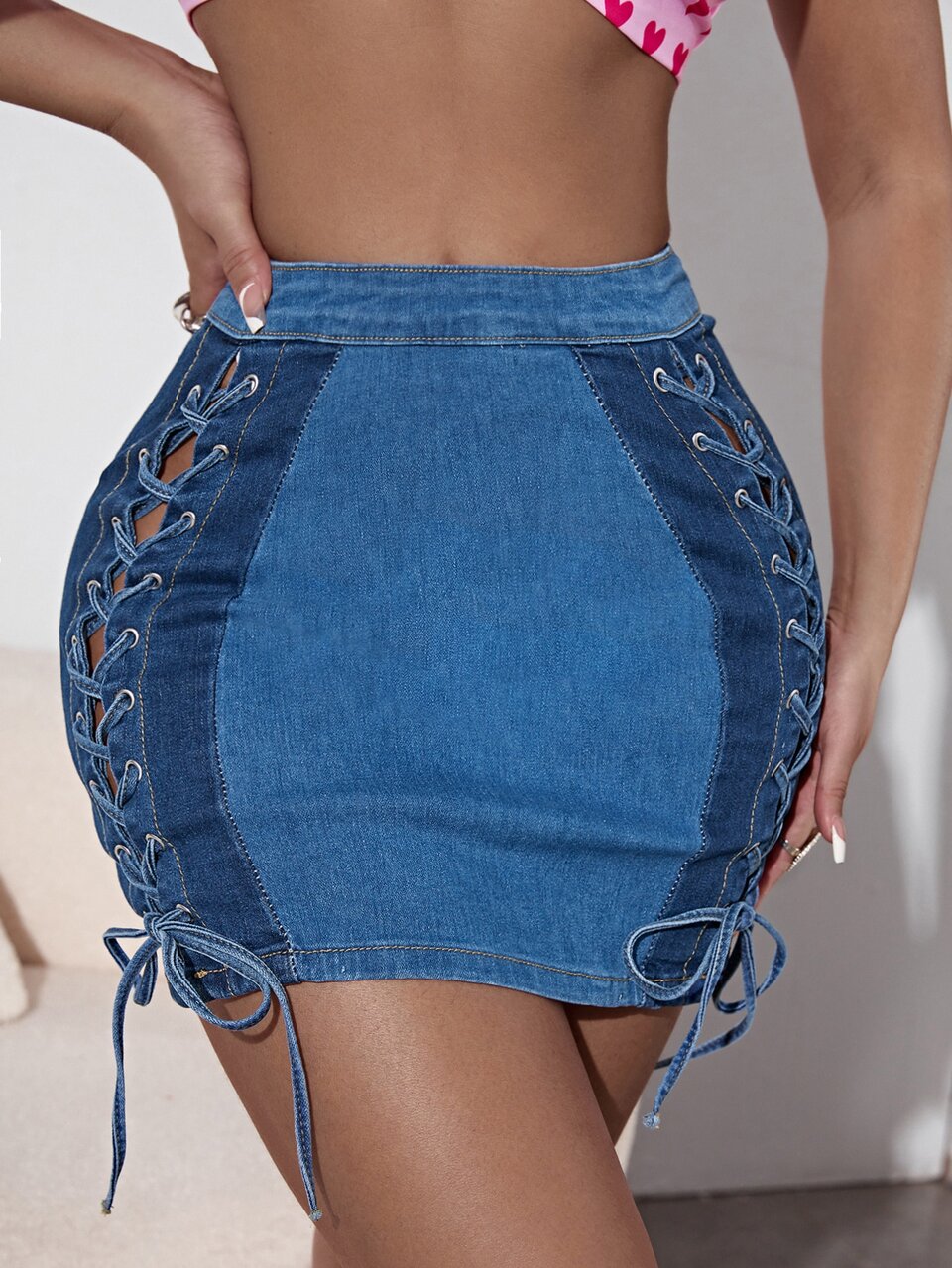 Garment Eyelet Lace Up Denim Skirt