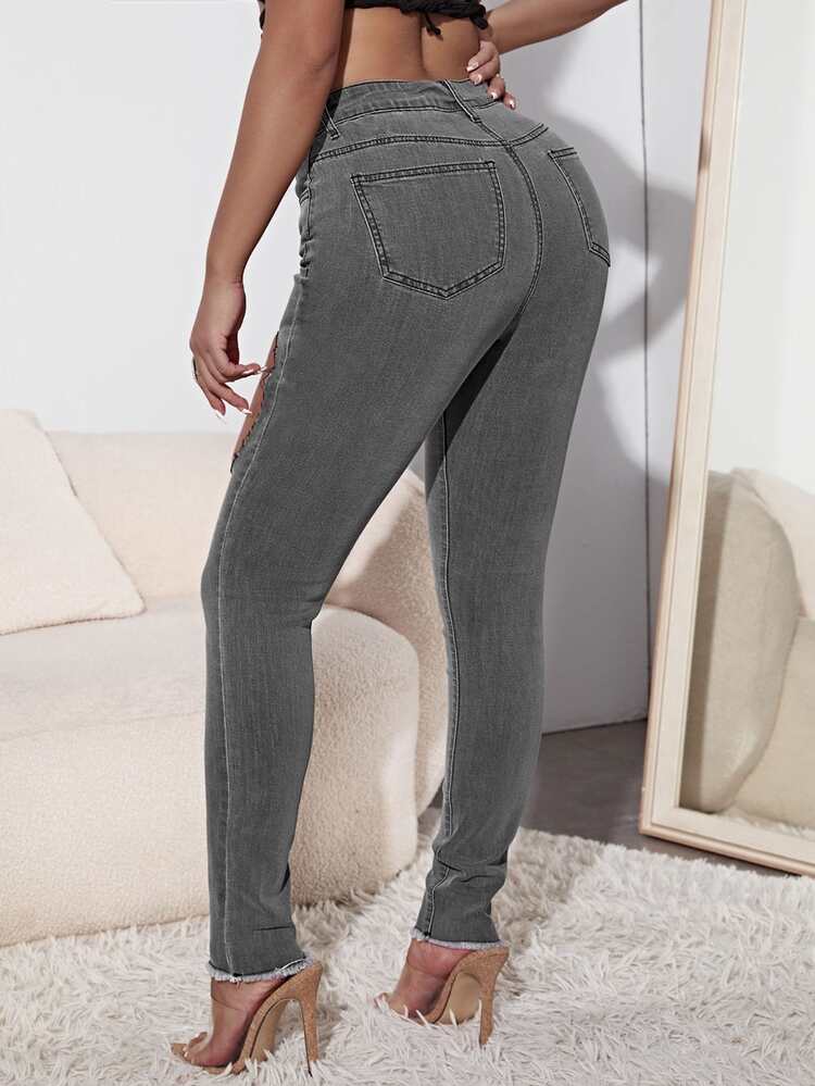 High Waist Cut Out Skinny Jeans - Dark Grey - View 1