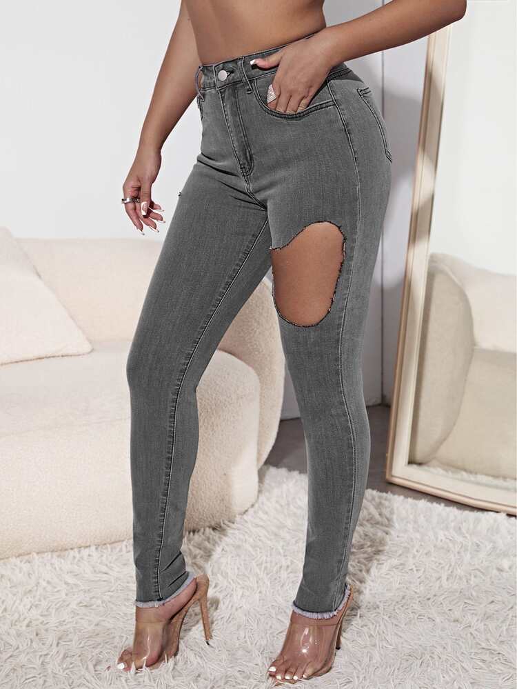 High Waist Cut Out Skinny Jeans - Dark Grey - View 3