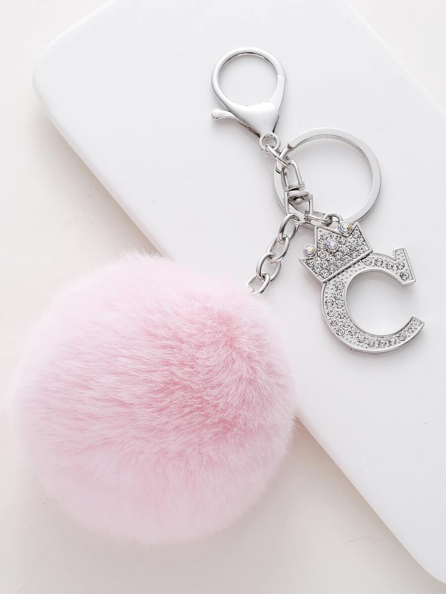 Pom Pom & Letter Charm Keychain - Pink - View 1