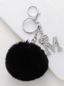 Rhinestone Letter & Pom Pom Charm Keychain - Black - View 1