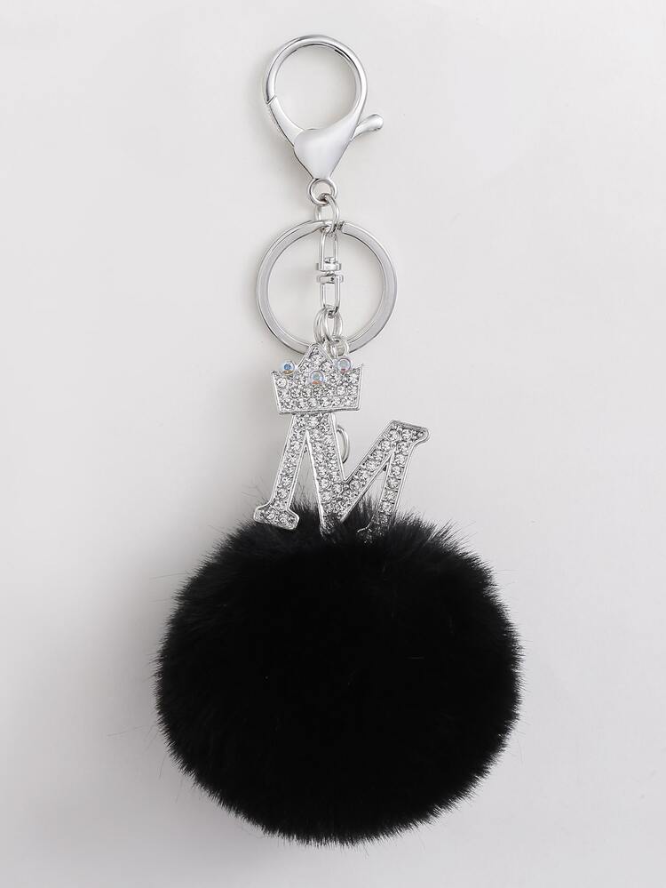 水鑽字母和絨球墜飾鑰匙圈 - 黑色 - 查看 2