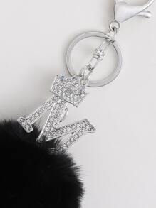 Rhinestone Letter & Pom Pom Charm Keychain - Black - View 3