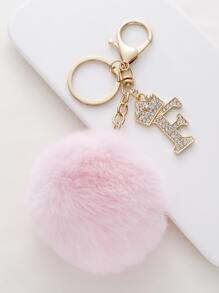 水鑽字母和絨球墜飾鑰匙圈 - 粉色 - 查看 1