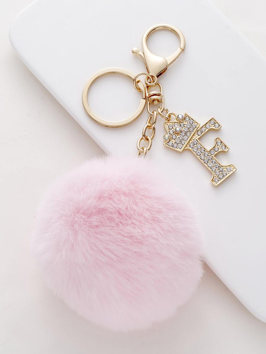 水鑽字母和絨球墜飾鑰匙圈 - 粉色 - 查看 1