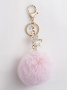 水鑽字母和絨球墜飾鑰匙圈 - 粉色 - 查看 2