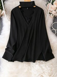 Áo thun Plus size Tương phản ren Cắt ra màu trơn Giải trí - màu đen - Xem 1