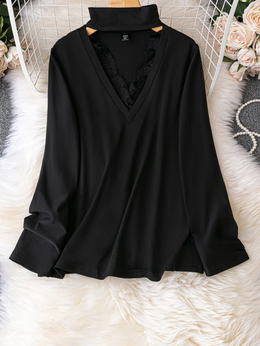 Áo thun Plus size Tương phản ren Cắt ra màu trơn Giải trí - màu đen - Xem 1