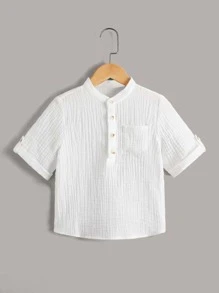 SHEIN Toddler Boys Half Button Patch Pocket Shirt - White - View 8