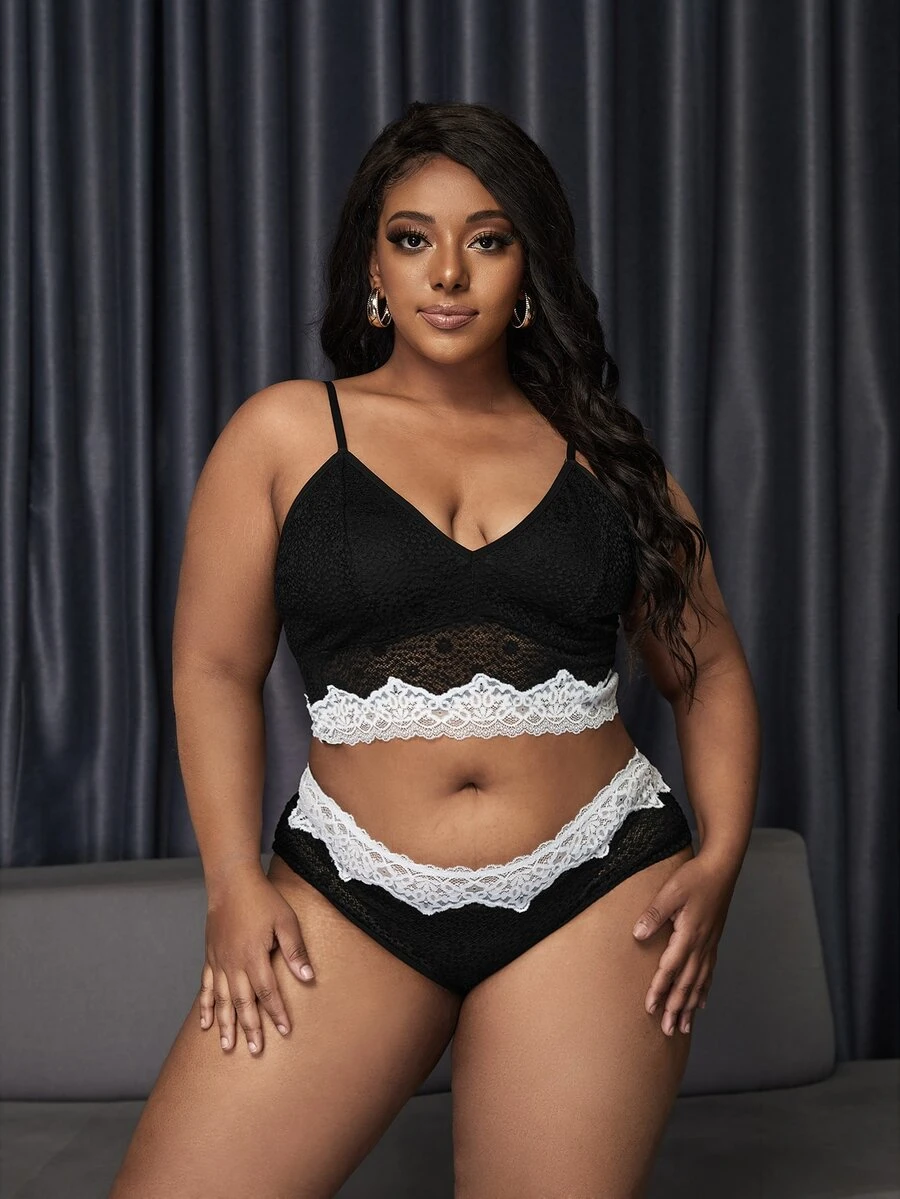 Plus Contrast Lace Scallop Trim Lingerie Set - Black - View 1