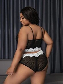 Plus Contrast Lace Scallop Trim Lingerie Set - Black - View 2