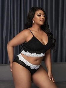 Plus Contrast Lace Scallop Trim Lingerie Set - Black - View 3