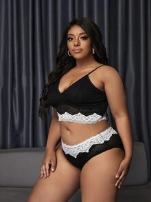 Plus Contrast Lace Scallop Trim Lingerie Set - Black - View 4