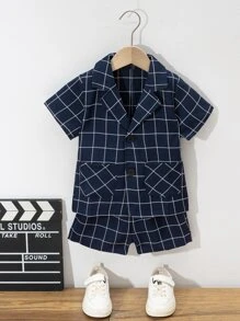 SHEIN 小男童格紋雙口袋襯衫和短褲 - 藏蓝色 - 查看 1
