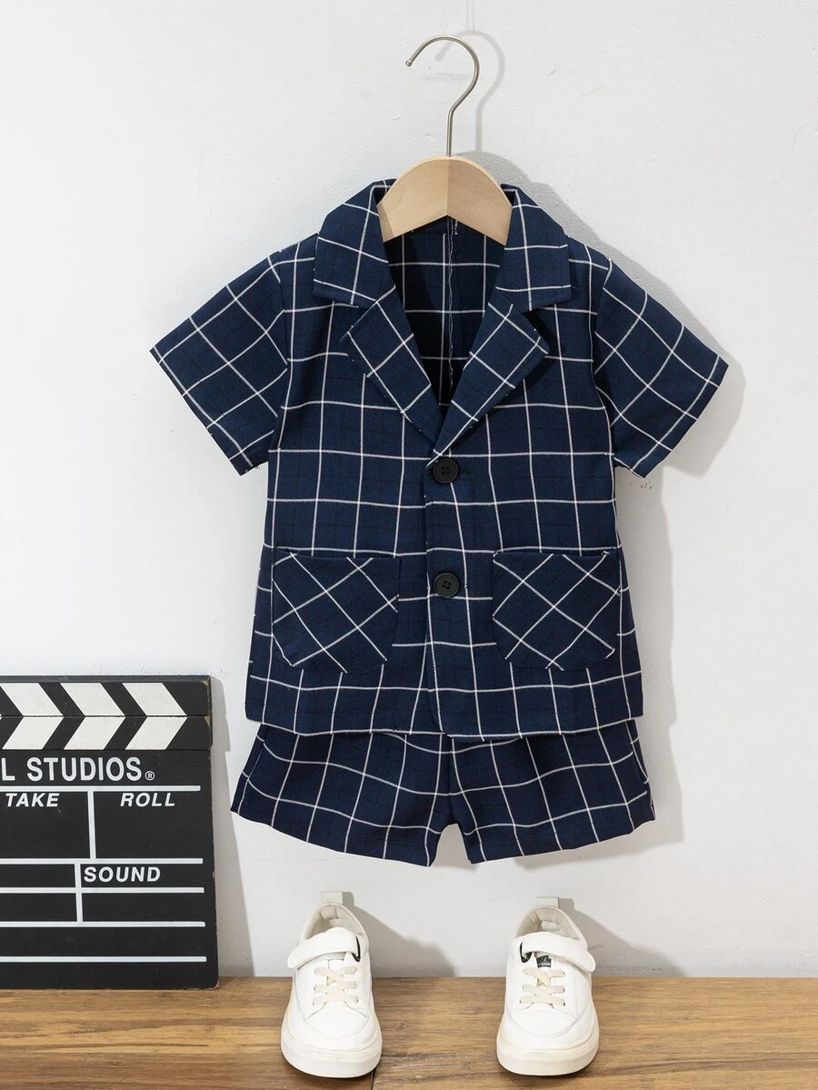 SHEIN 小男童格紋雙口袋襯衫和短褲 - 藏蓝色 - 查看 1
