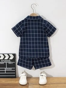 SHEIN 小男童格紋雙口袋襯衫和短褲 - 藏蓝色 - 查看 2