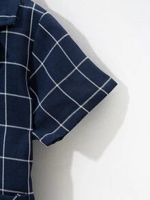 SHEIN 小男童格紋雙口袋襯衫和短褲 - 藏蓝色 - 查看 5