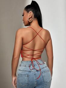 SHEIN SXY Backless Lace Up Crop Cami Top - Red - View 1