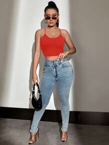 SHEIN SXY Backless Lace Up Crop Cami Top - Red - View 4