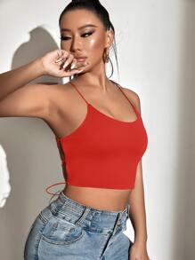 SHEIN SXY Backless Lace Up Crop Cami Top - Red - View 6
