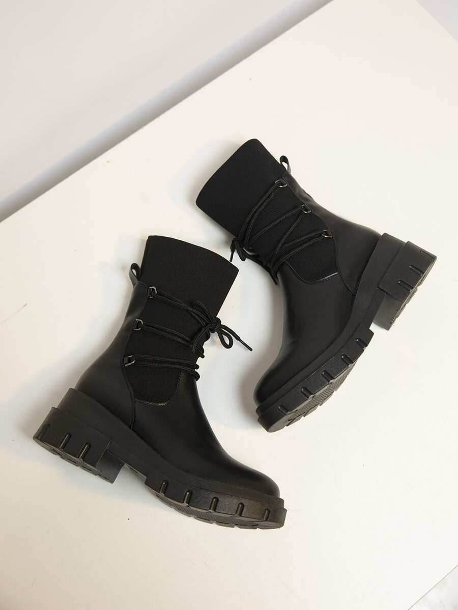 Tối giản Lace lên phía trước Dày Giày bốt vớ , Đen Đúng mốt Lace-up Nguyên chất Màu sắc Của phụ nữ Giày ống thời trang - màu đen - Xem 1