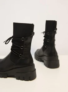 Tối giản Lace lên phía trước Dày Giày bốt vớ , Đen Đúng mốt Lace-up Nguyên chất Màu sắc Của phụ nữ Giày ống thời trang - màu đen - Xem 4