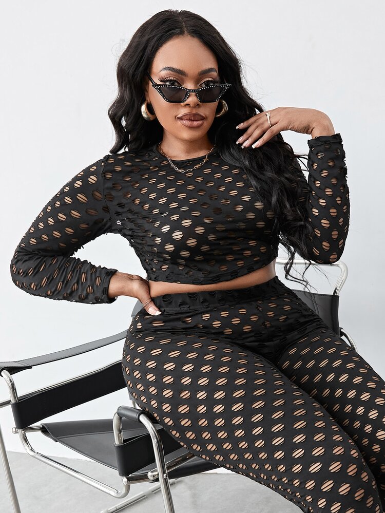 INAWLY 大碼鏤空短款上衣和緊身褲不附內衣 - 黑色 - 查看 5