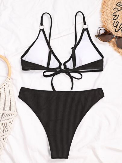 Ensemble de bikini côtelé à lien anneau à nœud soutien-gorge & Bas échancré 2 pièces Maillot de bain