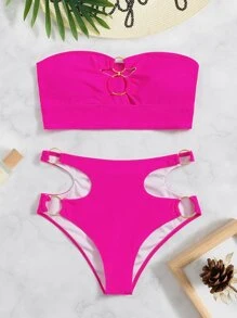 Ring Linked Bandeau High Waisted Bikini Summer - Hot Pink - View 6