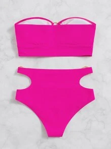 Ring Linked Bandeau High Waisted Bikini Summer - Hot Pink - View 7