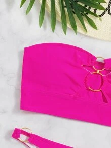 Ring Linked Bandeau High Waisted Bikini Summer - Hot Pink - View 5
