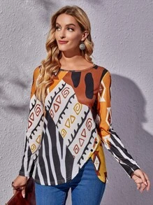 幾何和圖案印花不對稱下擺T恤 - 彩色 - 查看 1