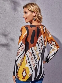 幾何和圖案印花不對稱下擺T恤 - 彩色 - 查看 2