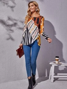 幾何和圖案印花不對稱下擺T恤 - 彩色 - 查看 3